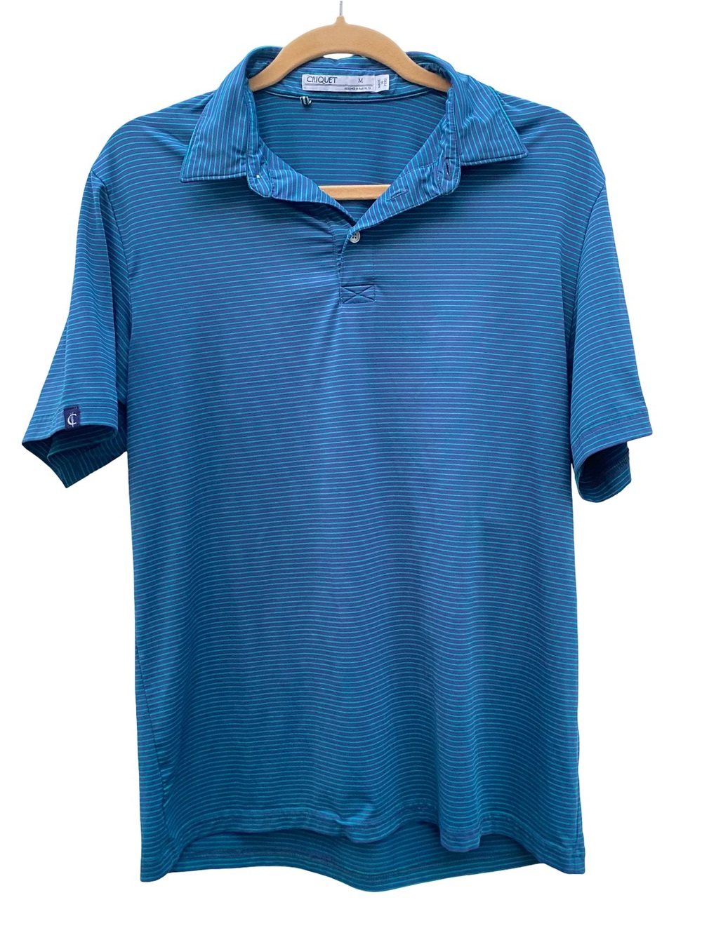 Criquet blue striped activewear collared performance polo shirt size medium
